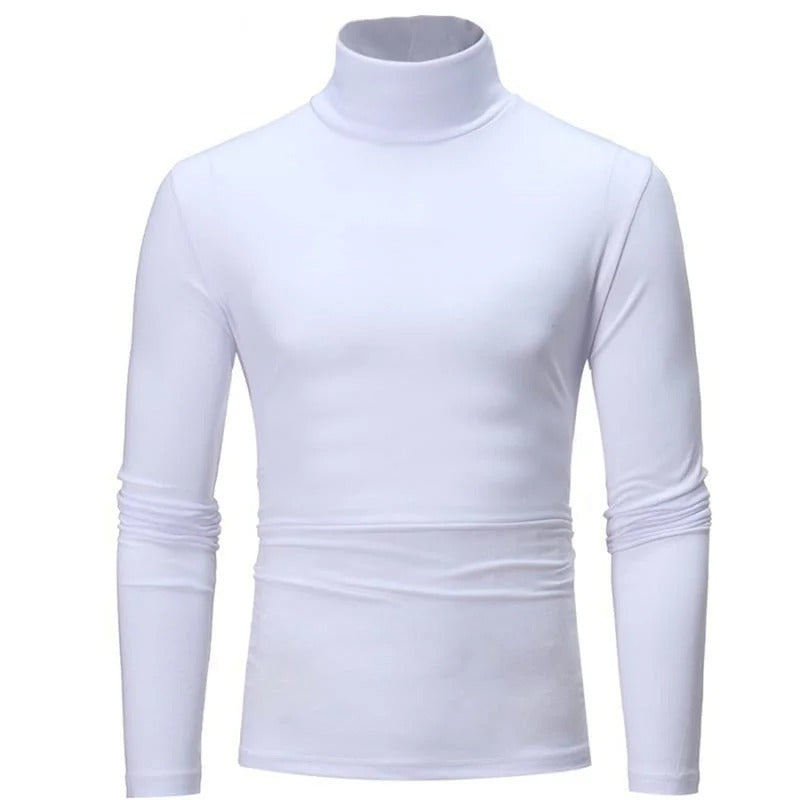 Weißes langärmeliges Shirt mit hohem Kragen, Vorderansicht auf weißem Hintergrund 2