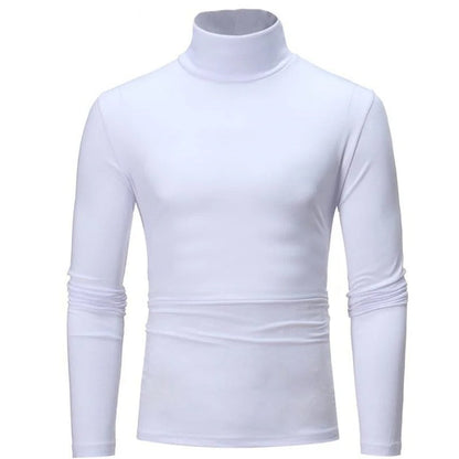 Weißes langärmeliges Shirt mit hohem Kragen, Vorderansicht auf weißem Hintergrund 2