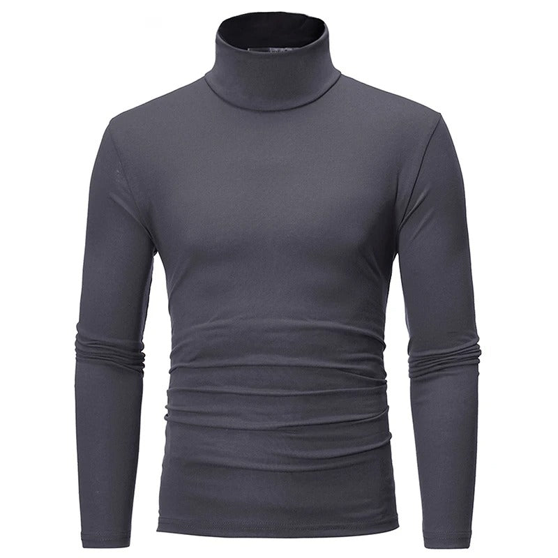 Dunkelgraues langärmeliges Shirt mit hohem Kragen, Vorderansicht freigestellt 3