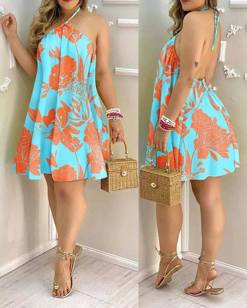 Rückenfreies Sommerkleid mit tropischem Print und Halterneck - InselTraum
