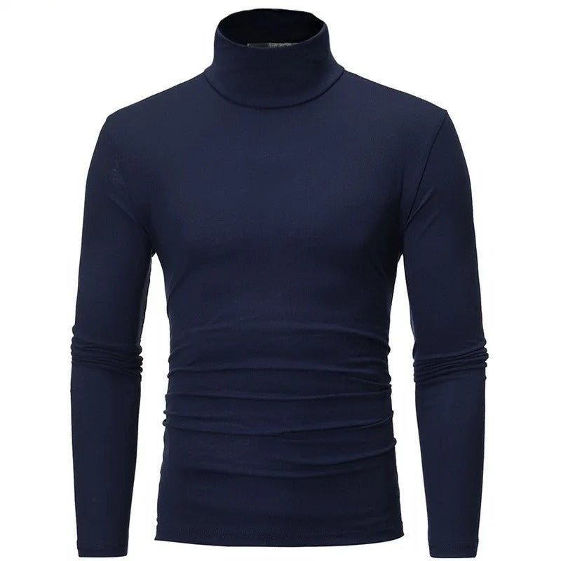 Marineblaues langärmeliges Shirt mit hohem Kragen, Vorderansicht freigestellt 6