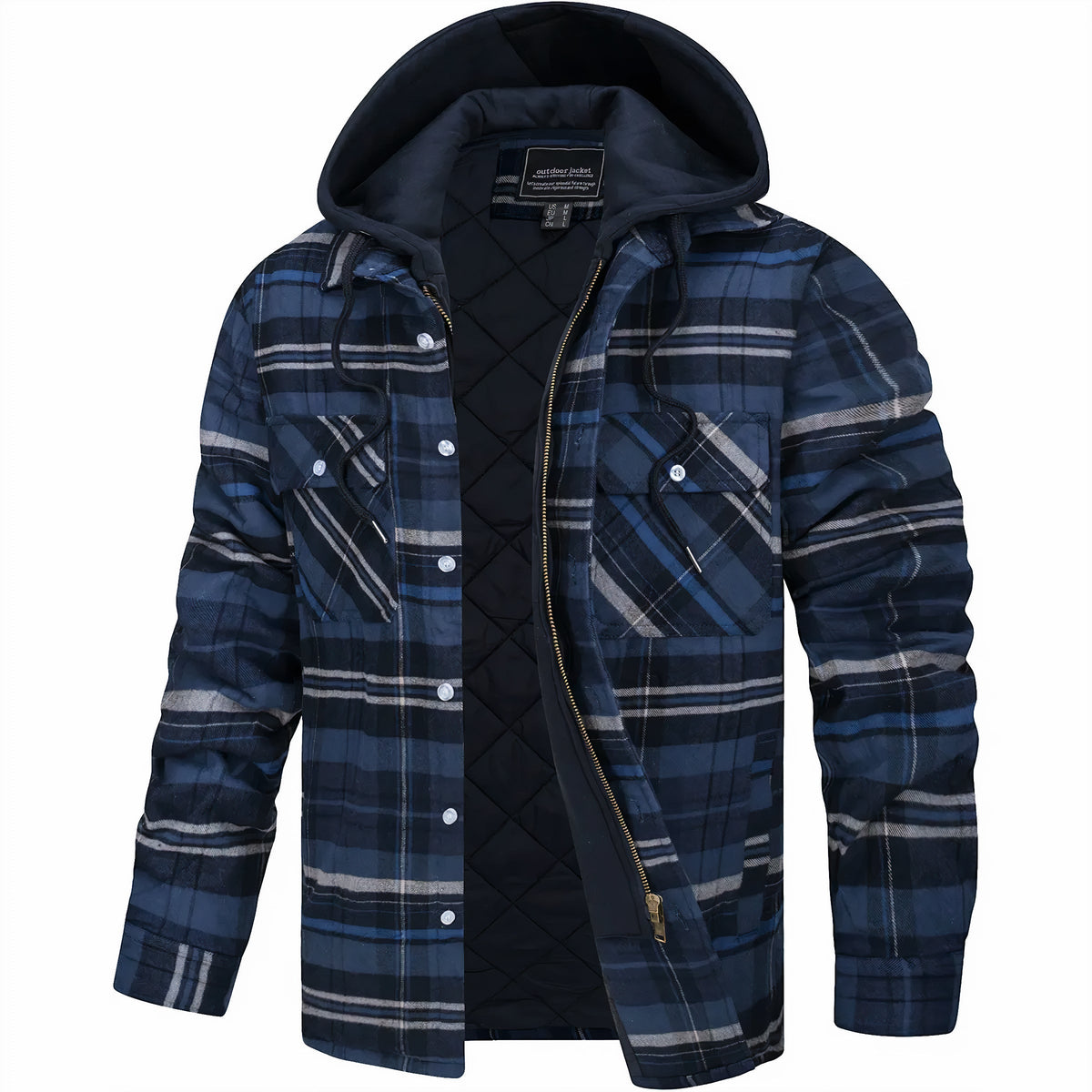 Offene Kapuzenjacke mit dunkelblauem Karomuster und grauen Streifen, gestepptem Futter, Reißverschluss und zwei Brusttaschen 5