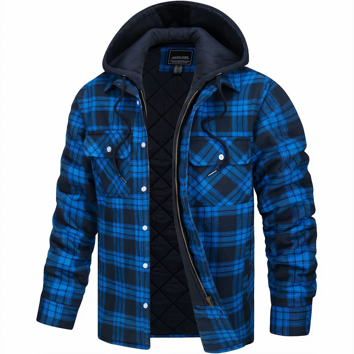 Offene Kapuzenjacke in leuchtendem Blau-Schwarz kariert mit gestepptem Futter, Reißverschluss, Knopftaschen und 3