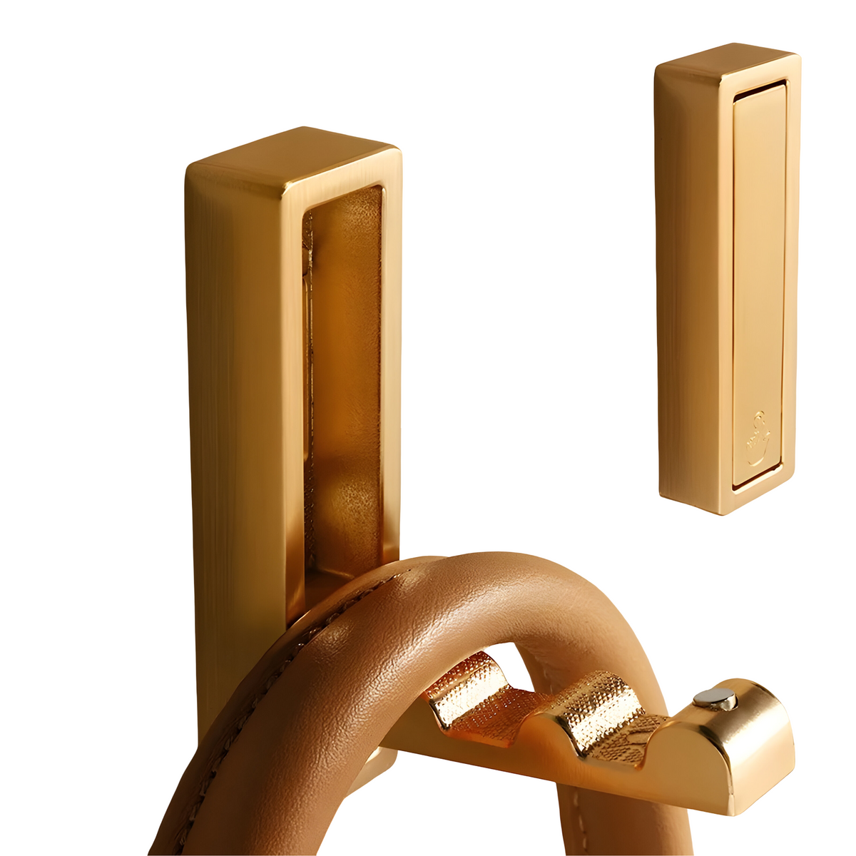 Goldener rechteckiger Klapphaken mit ausgeklapptem Haken und eingeklappter Position auf weißem Hintergrund.