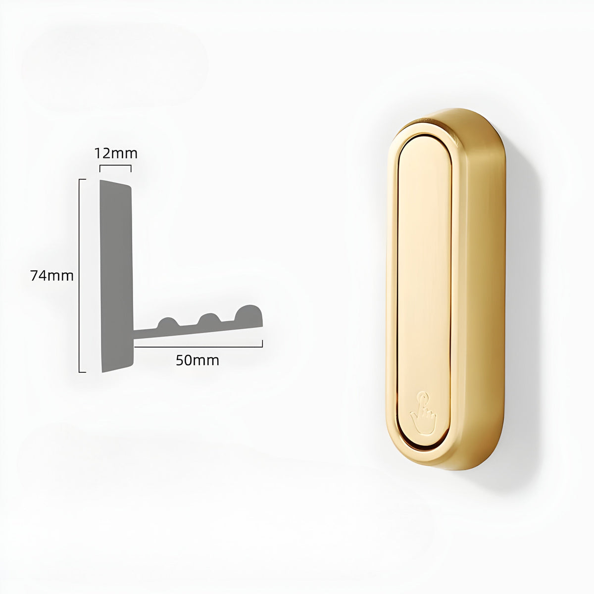 Ovaler Klapphaken in glänzendem Gold eingeklappt mit Maßzeichnung des Seitenprofils.