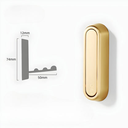Ovaler Klapphaken in glänzendem Gold eingeklappt mit Maßzeichnung des Seitenprofils.