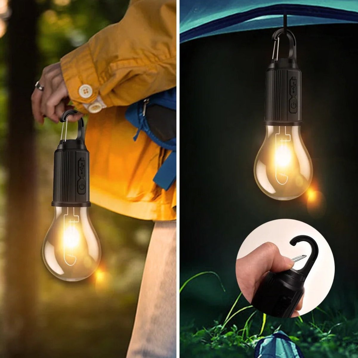 Collage: Lampe am Karabiner in der Hand, am Zelt hängend und Detail des Hakens 3