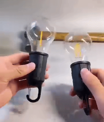 Zwei Hände halten je eine Glühbirnenlampe mit schwarzem Gehäuse zum Vergleich nebeneinander 6