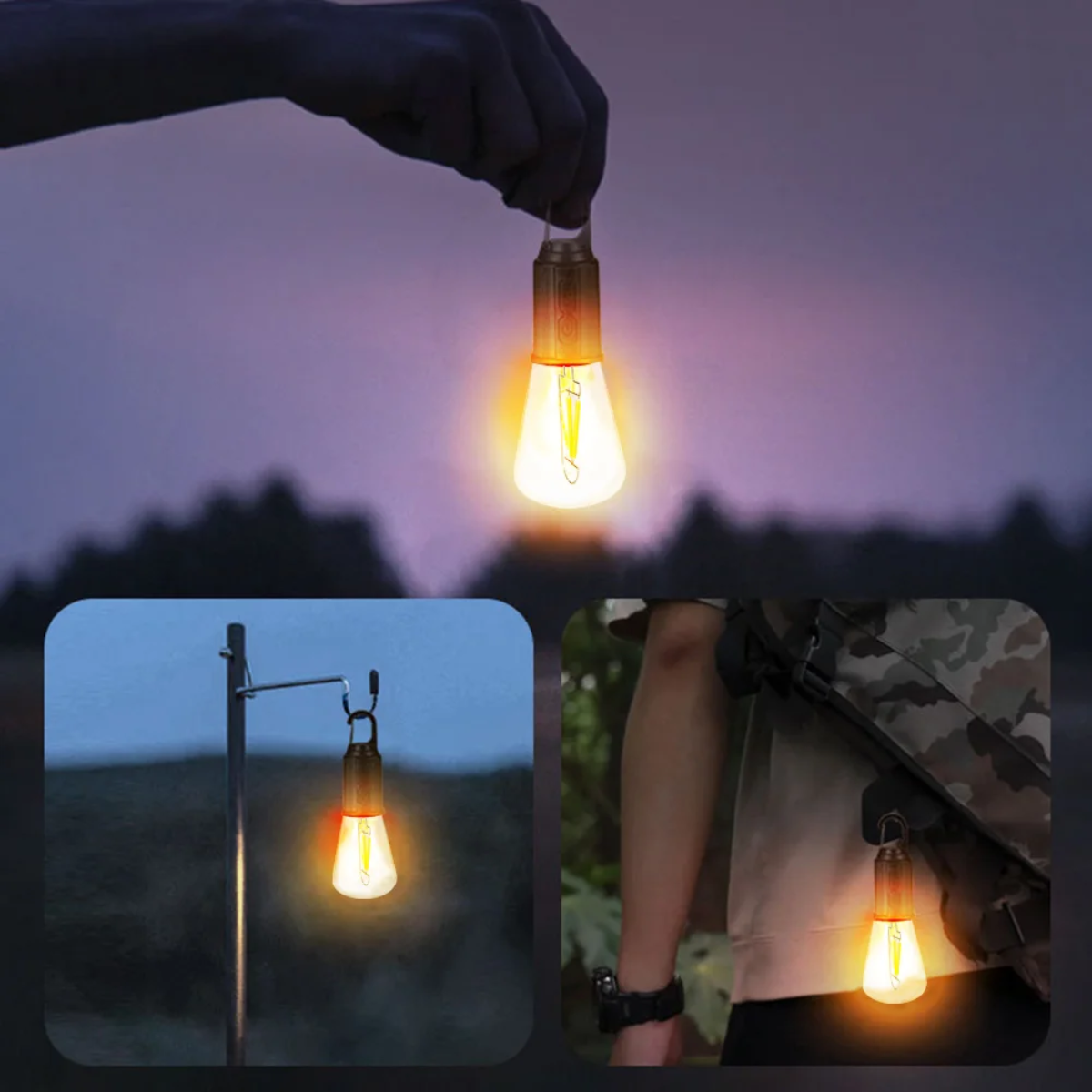 Collage in der Dämmerung: Lampe in der Hand, an einem Haltestab und an einem Rucksack 7