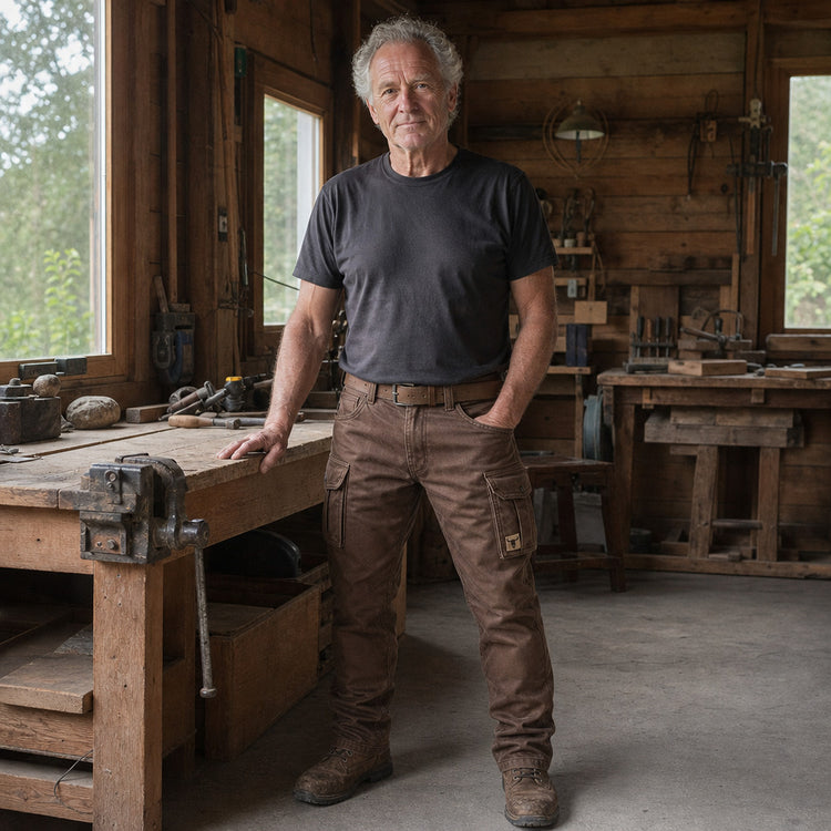 Älterer Mann in brauner Hose und dunklem T-Shirt steht in einer Holzwerkstatt neben der Werkbank 4
