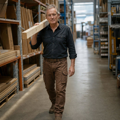 Älterer Mann in brauner Hose und dunklem Hemd trägt einen Holzbalken durch ein Lager 3