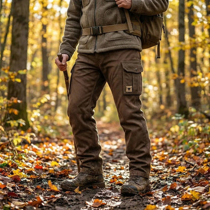 Mann in brauner Hose mit Seitentasche, Fleecejacke und Rucksack auf einem herbstlichen Waldweg 2