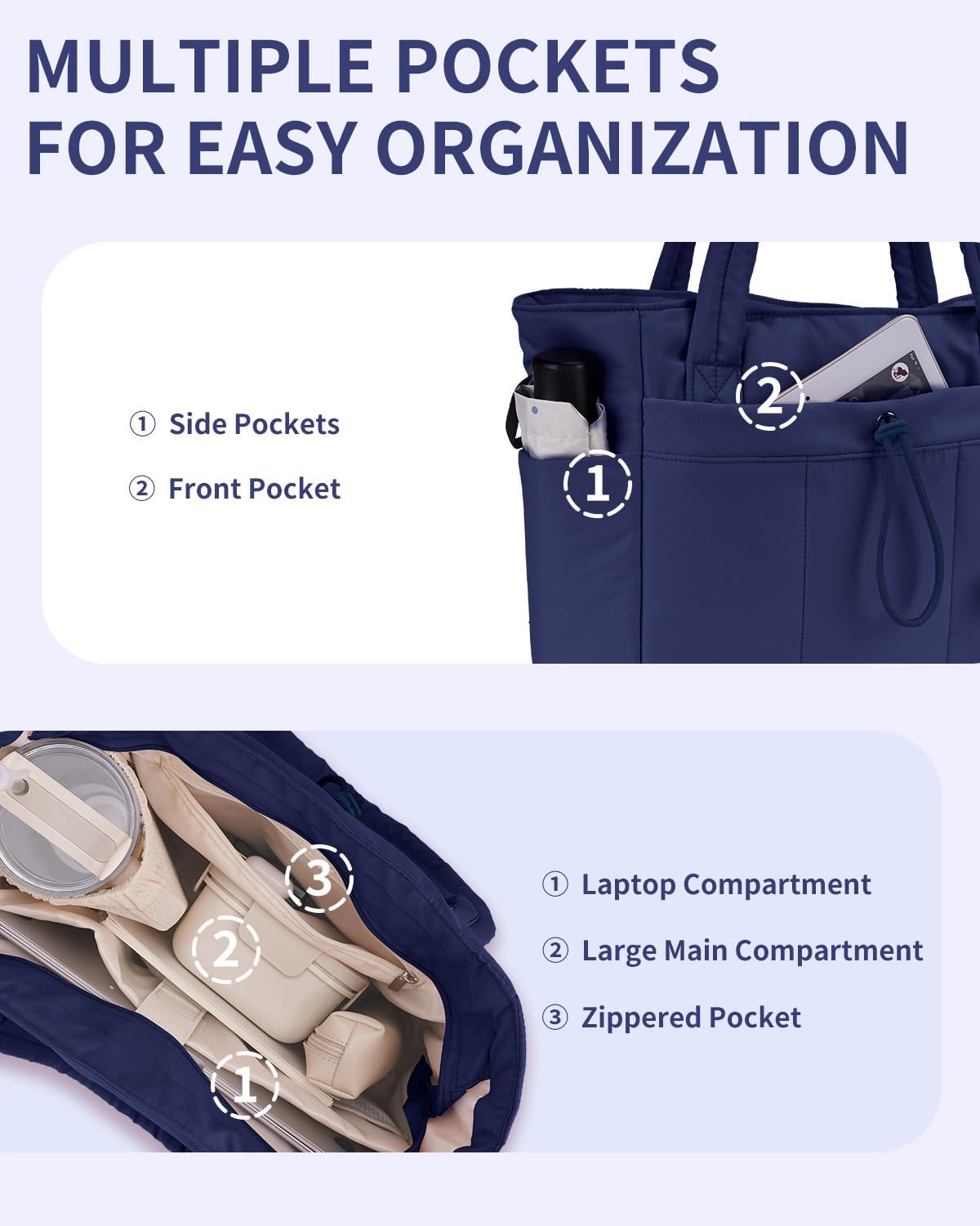 Gepolsterte Puffer Tote mit Becherhalter und Laptopfach für Reisen und Arbeit
