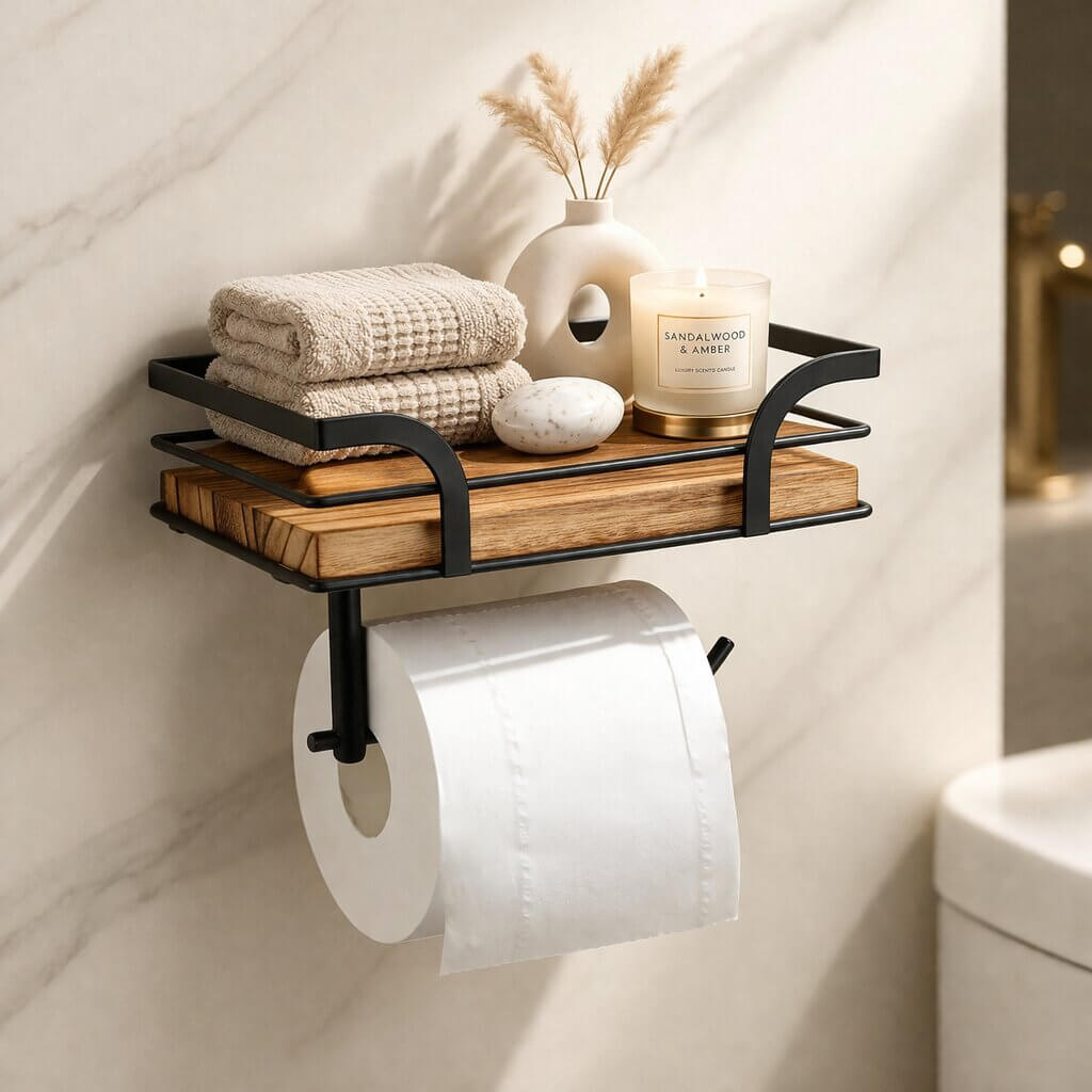 Wandmontierter Toilettenpapierhalter aus schwarzem Metall mit Holzablage und Toilettenpapierrolle