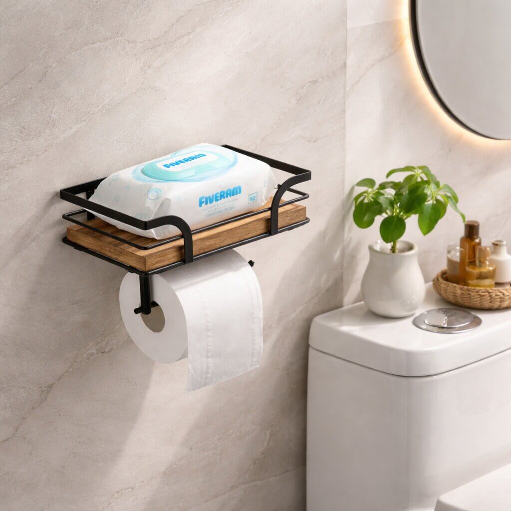 Wandmontierter Toilettenpapierhalter mit Ablage und Toilettenpapierrolle, detail
