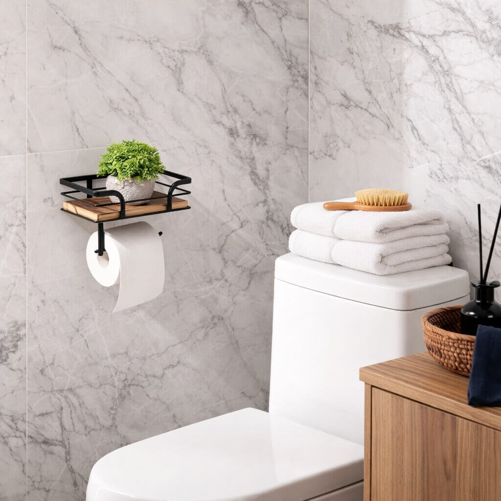 Wandmontierter Toilettenpapierhalter aus Metall und Holz an der Wand neben der Toilette, another view