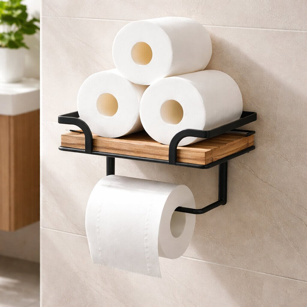Wandmontierter Toilettenpapierhalter mit Holzablage und Ersatzrollen, detail