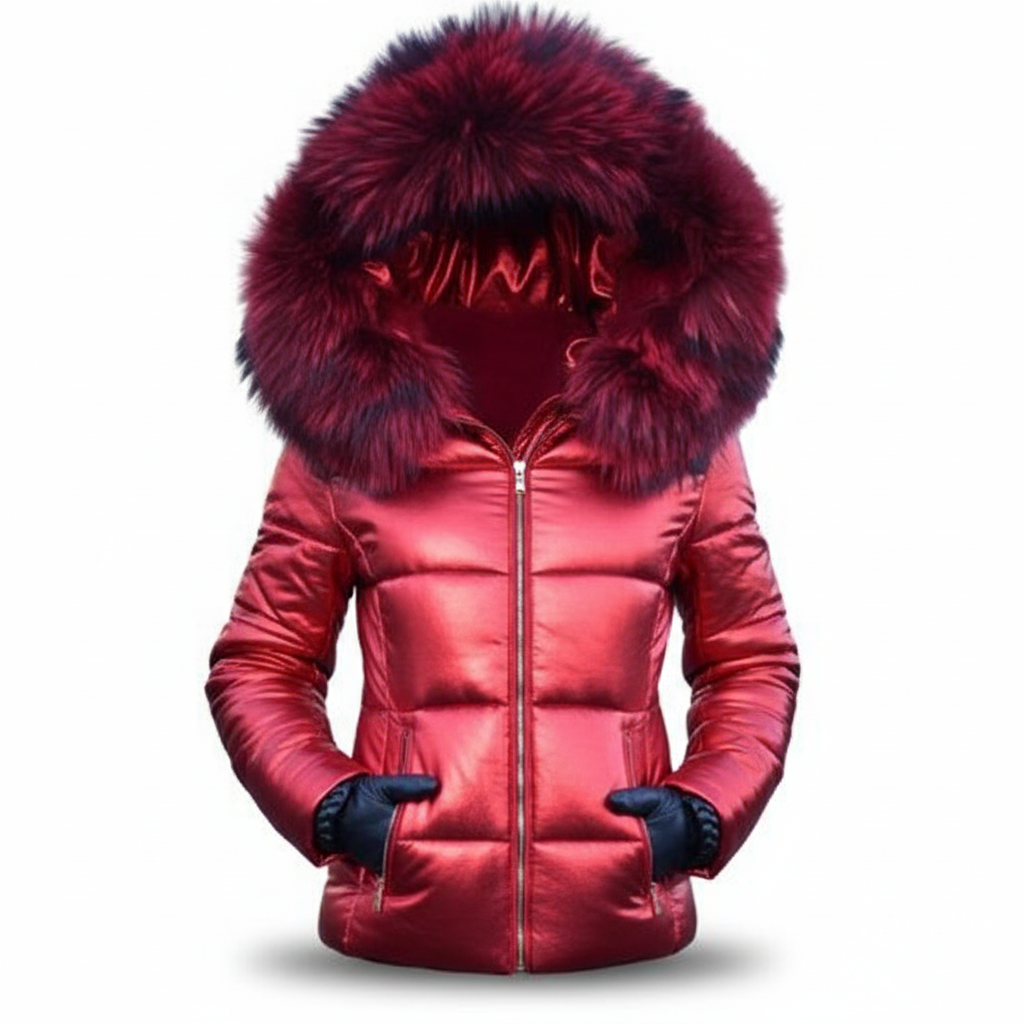 Metallisch rote Steppjacke mit dunkelroter Pelzkapuze und geschlossenem Reißverschluss, freigestellt