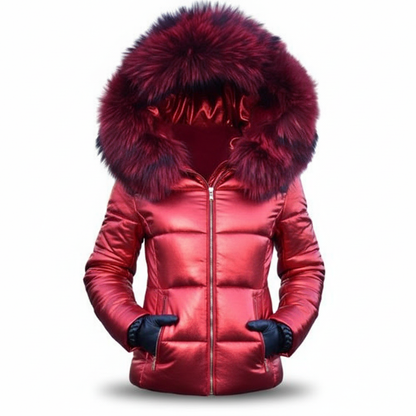 Metallisch rote Steppjacke mit dunkelroter Pelzkapuze und geschlossenem Reißverschluss, freigestellt