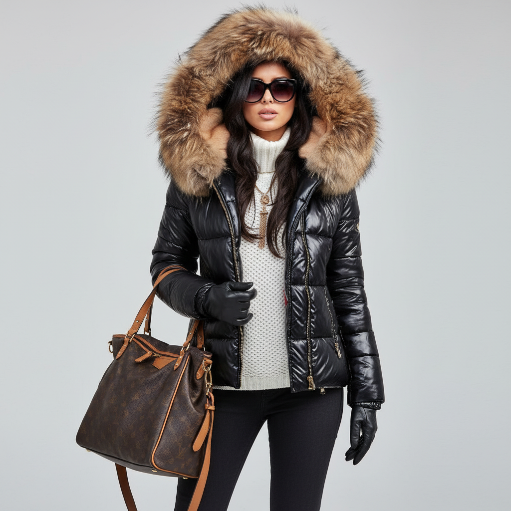 Schwarze Steppjacke mit heller Pelzkapuze, Detail