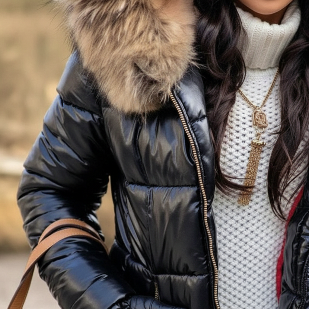 Detail der schwarzen Steppjacke mit goldfarbenem Reißverschluss und glänzender Steppung
