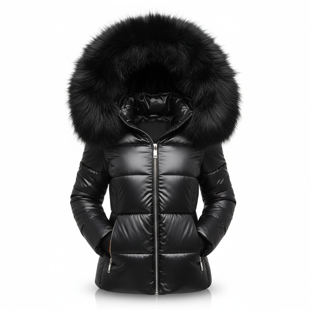 Schwarze, glänzende Steppjacke mit großer schwarzer Fellkapuze, freigestellt