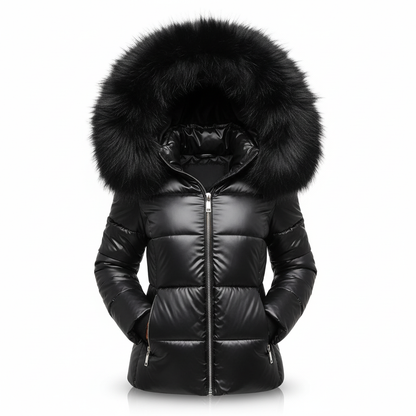 Schwarze, glänzende Steppjacke mit großer schwarzer Fellkapuze, freigestellt