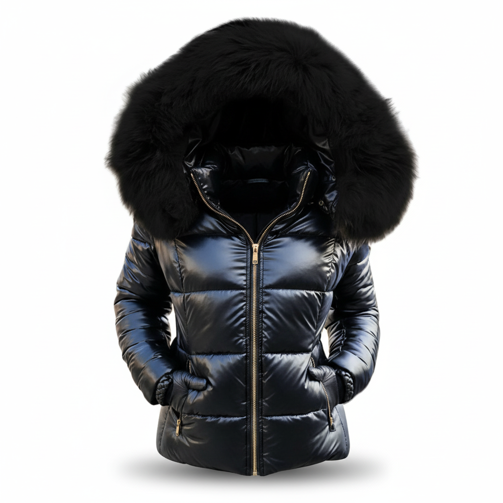 Schwarze Steppjacke mit voluminöser schwarzer Fellkapuze und goldfarbenem Reißverschluss, freigestellt