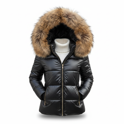Schwarze Steppjacke mit brauner Fellkapuze und goldfarbenem Reißverschluss, freigestellt
