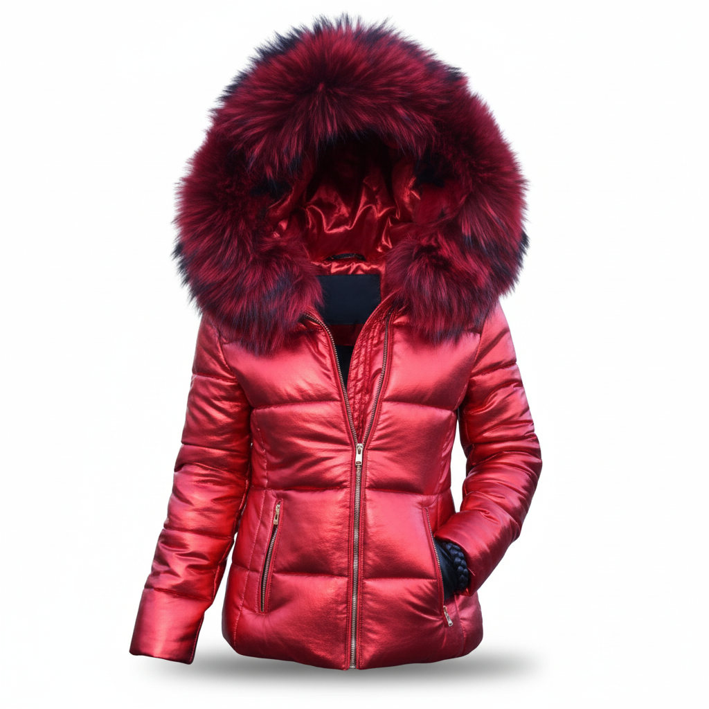 Glänzend rote Steppjacke mit dunkelroter Fellkapuze und silberfarbenem Reißverschluss, freigestellt