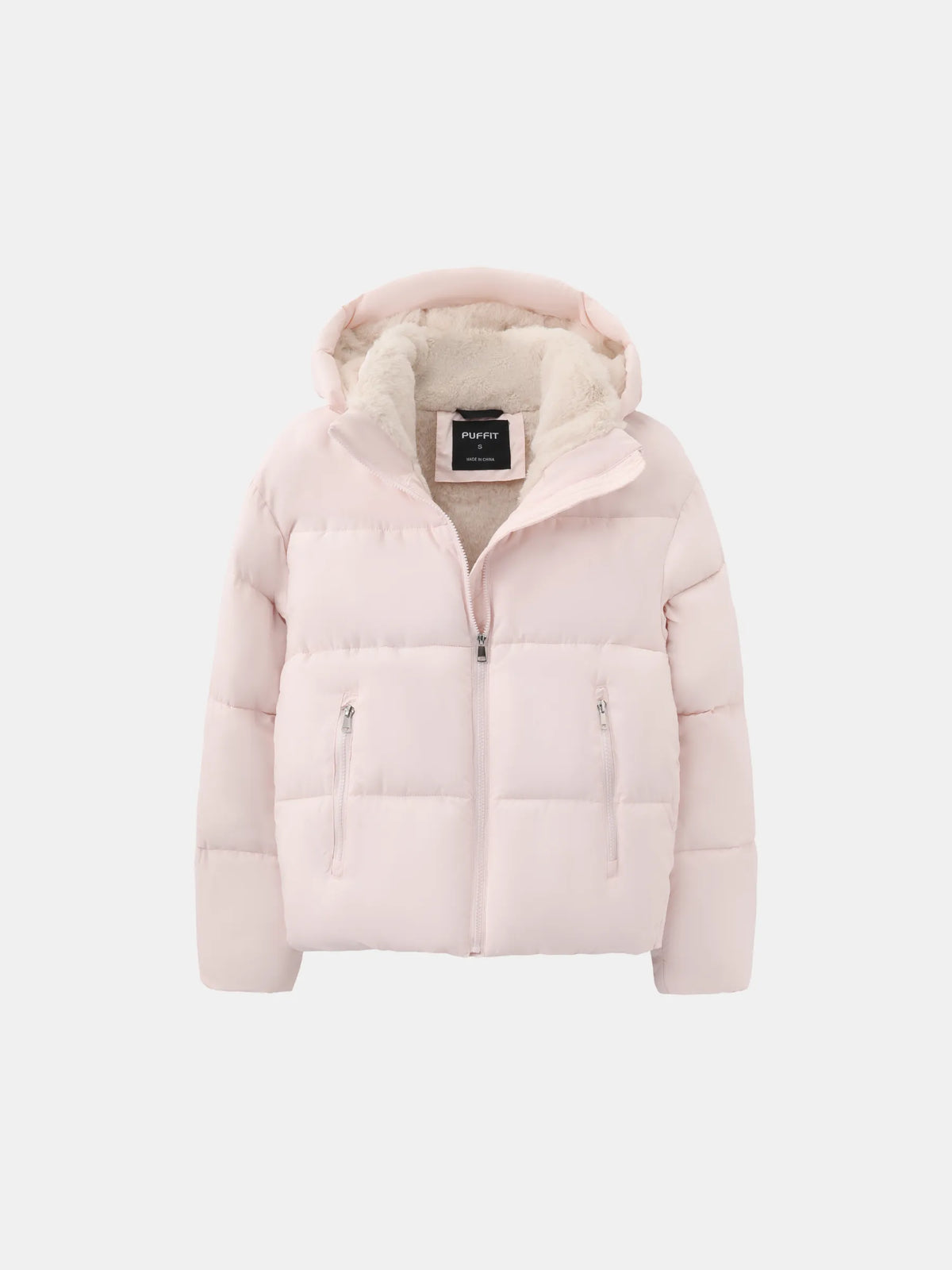 Rosa Steppjacke ohne Model flach fotografiert, mit Fleecefutter, Kapuze und zwei Reißverschlusstaschen 9