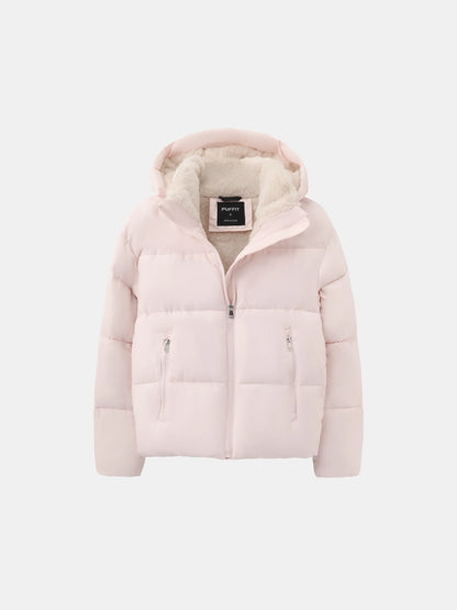 Rosa Steppjacke ohne Model flach fotografiert, mit Fleecefutter, Kapuze und zwei Reißverschlusstaschen 9