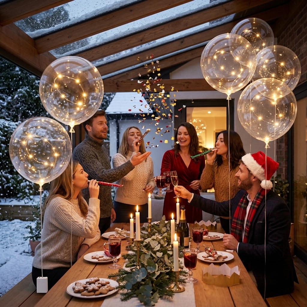 Freunde feiern im Winter an einem Holztisch, umgeben von beleuchteten Ballons, Konfetti und Kerzen 2