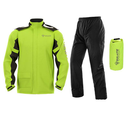 Regenanzug in Neongelb mit schwarzen Einsätzen: Jacke, schwarze Hose und passender Packsack 6