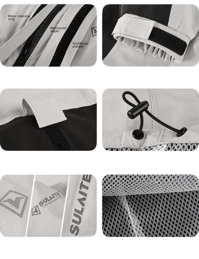 Collage aus sechs Detailaufnahmen: wasserdichter Reißverschluss, Klettverschluss an Ärmel und Kapuze, Kordelzug und 1
