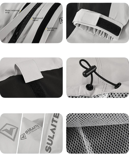 Collage aus sechs Detailaufnahmen: wasserdichter Reißverschluss, Klettverschluss an Ärmel und Kapuze, Kordelzug und 1