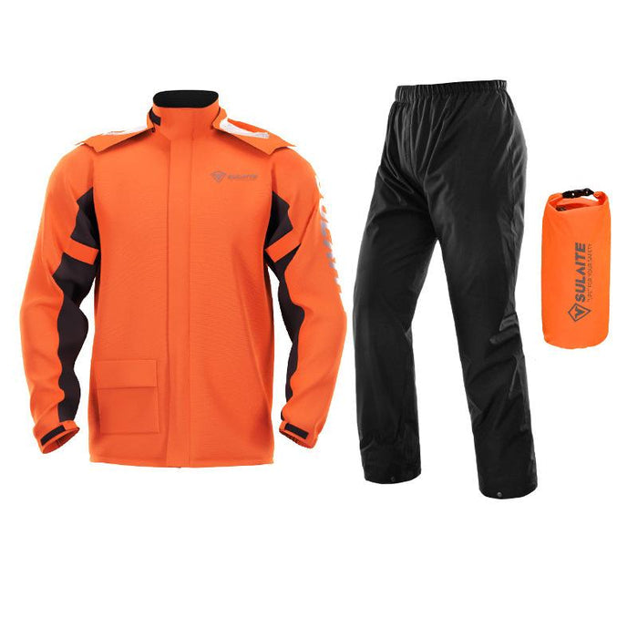 Regenanzug in Orange mit schwarzen Einsätzen: Jacke, schwarze Hose und passender Packsack 7