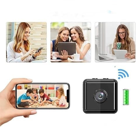 Collage mit drei Alltagsszenen und einem Smartphone mit Kinderspielszene neben der schwarzen Kamera mit WLAN- und Akkusymbol. 3