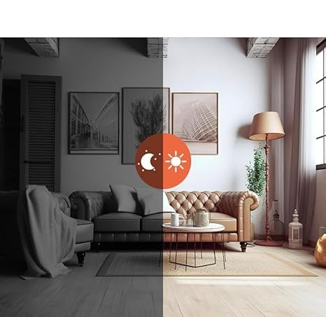 Wohnzimmer mit Ledersofa, links als Schwarz-Weiß-Nachtbild, rechts in Farbe bei Tag, mit Mond- und Sonnensymbol in der Mitte. 4