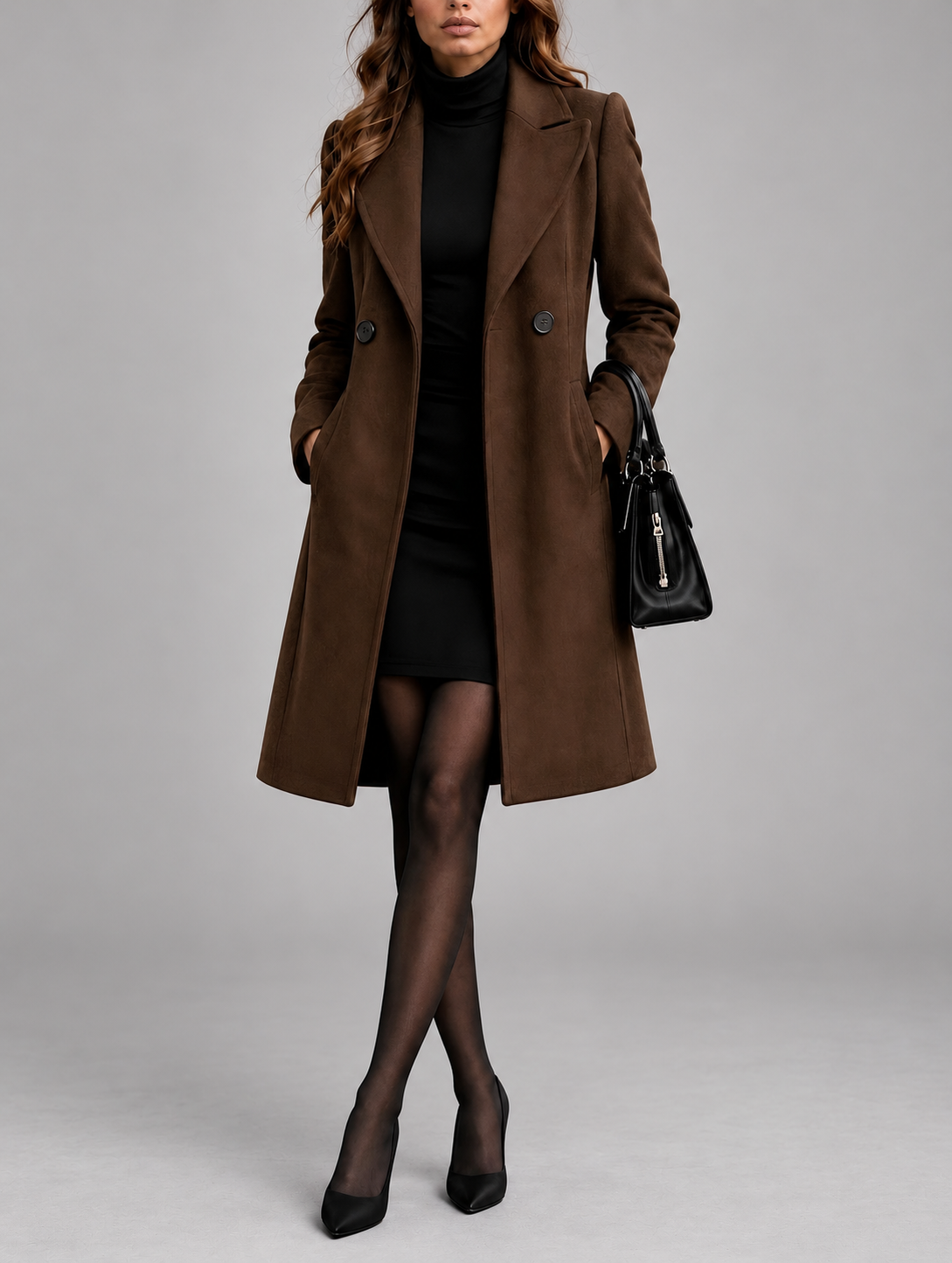 Brauner Mantel in Ganzkörperansicht von vorn, Hände in den Taschen, dazu schwarzes Kleid und Pumps 8