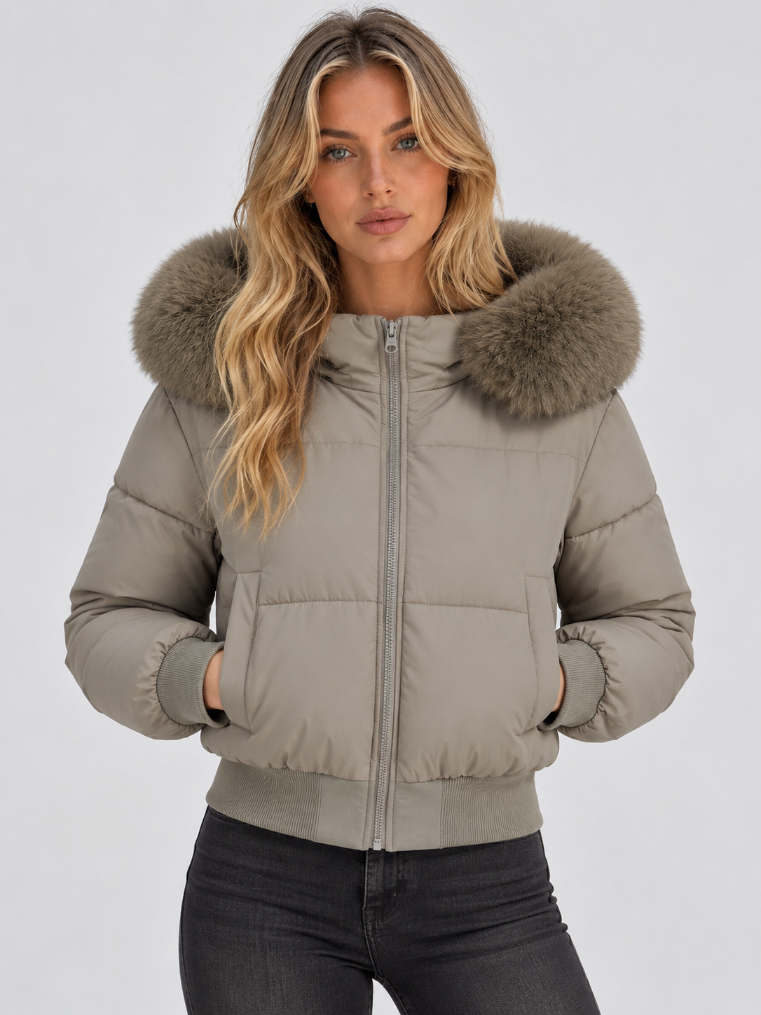 Die Steppjacke in Beige-Grau mit taupefarbenem Fellkragen, beide Hände in den Taschen 5