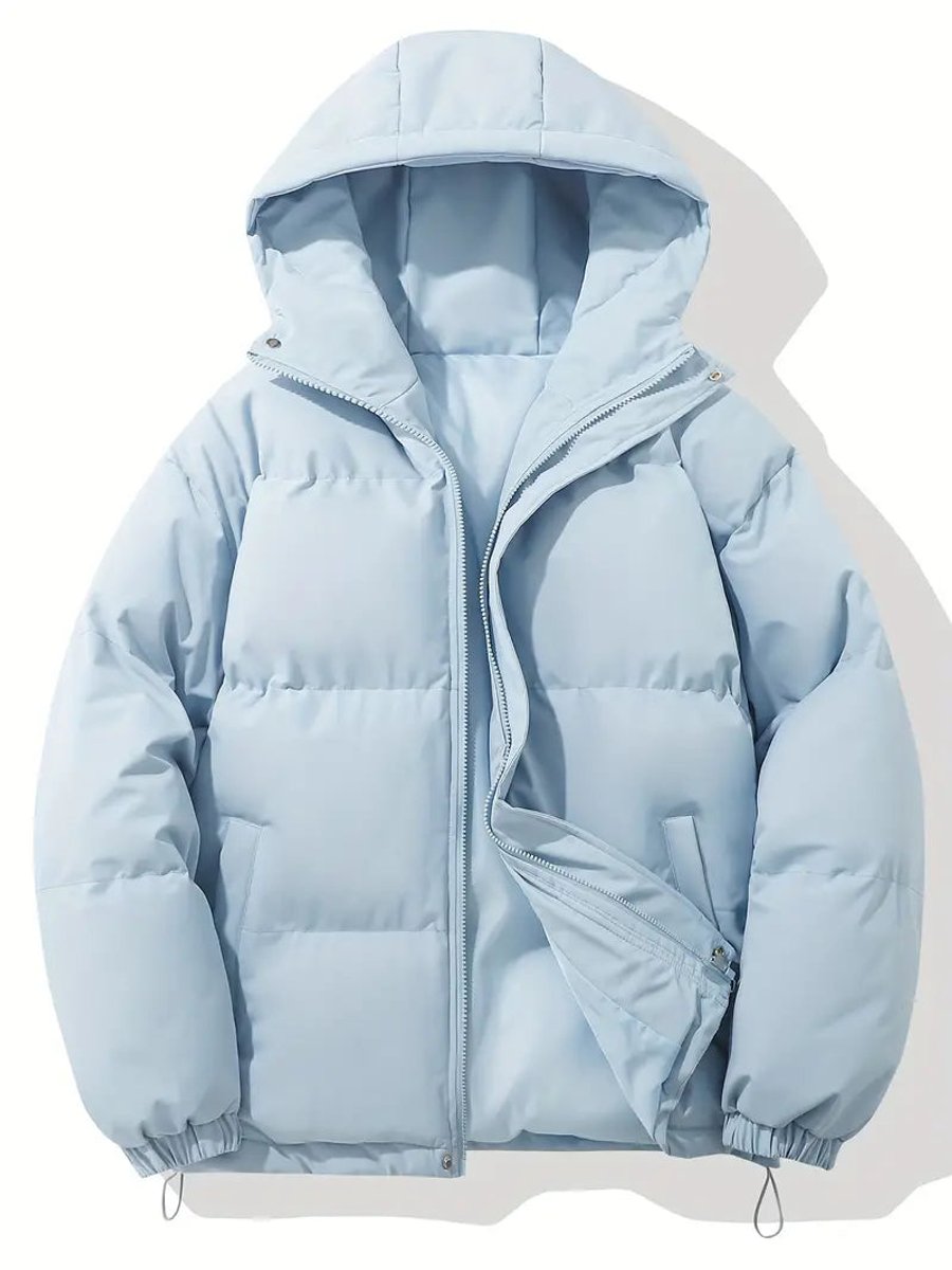 Hellblaue Steppjacke mit Kapuze, Reißverschluss halb geöffnet, Tunnelzug am Saum, flach fotografiert 1