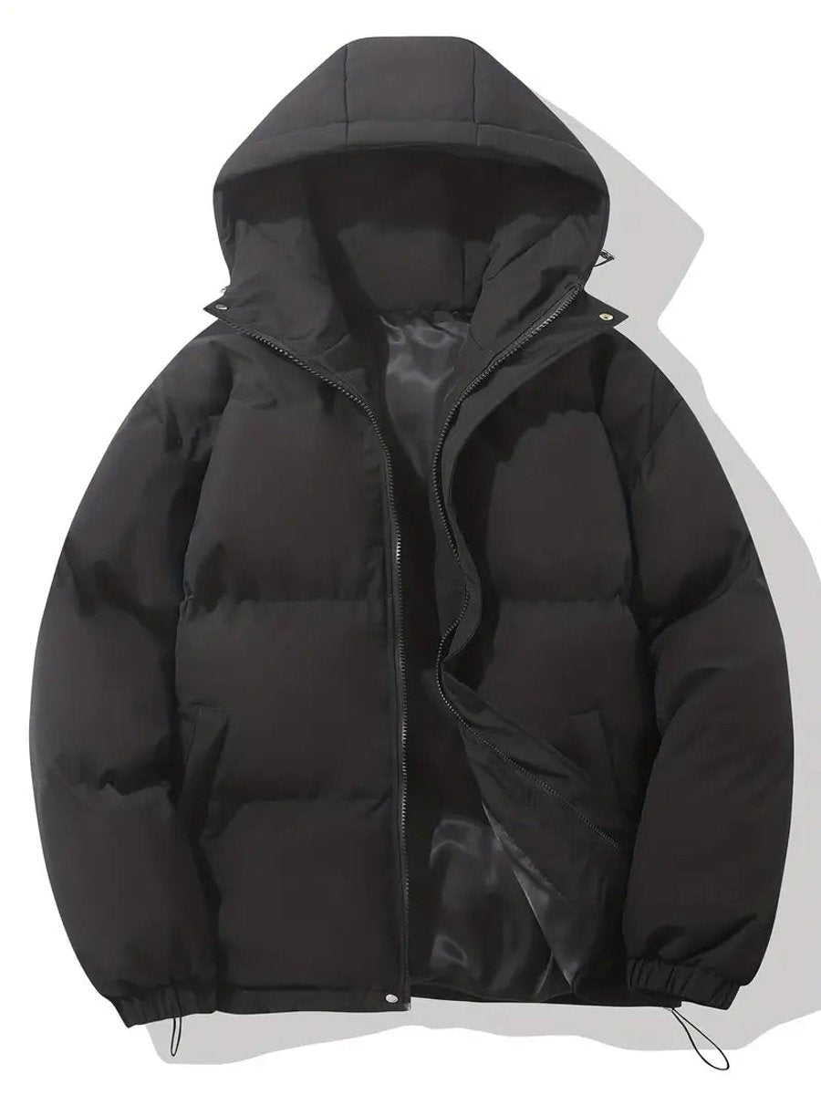 Schwarze Steppjacke mit Kapuze und glänzendem Innenfutter, Reißverschluss halb geöffnet, flach ausgelegt 2