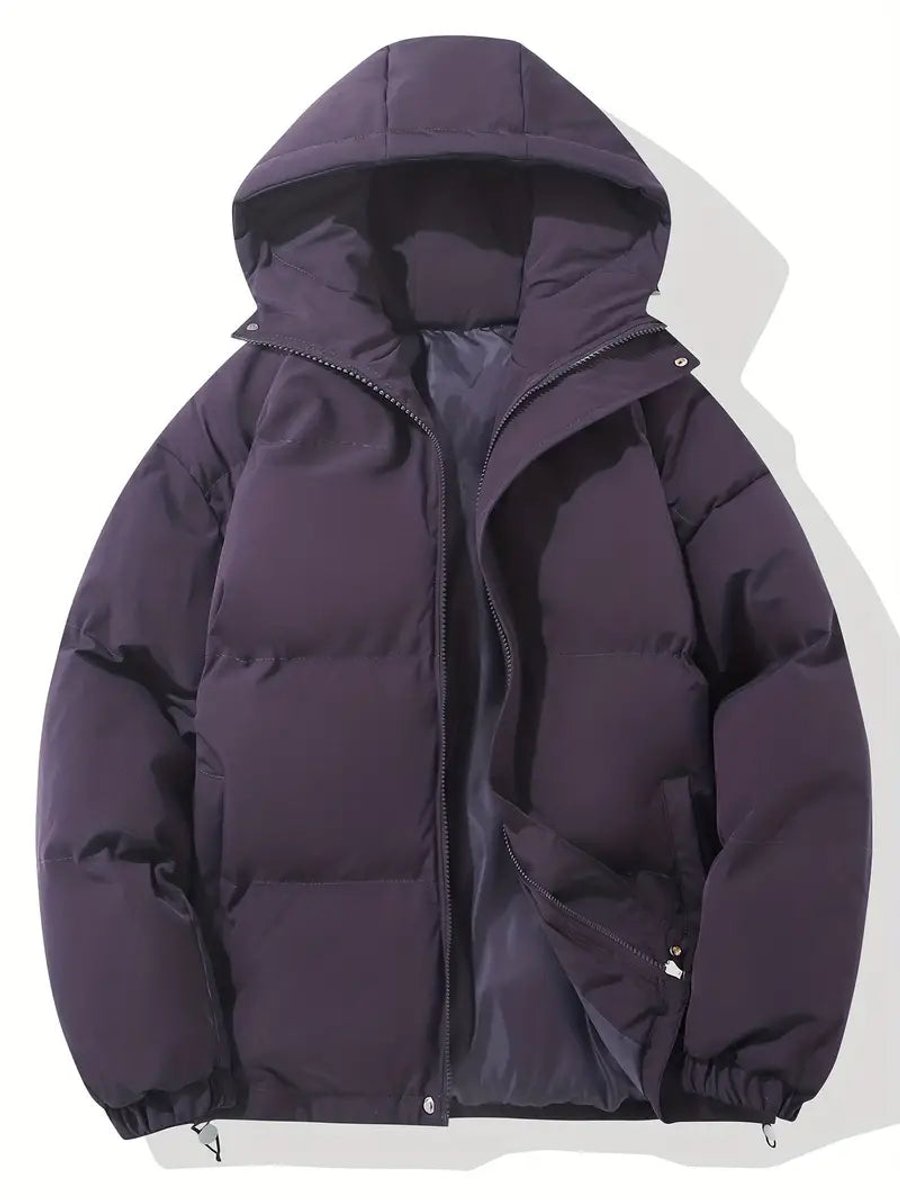 Dunkelviolette Steppjacke mit Kapuze, offener Reißverschluss gibt graues Futter frei, flach fotografiert 3