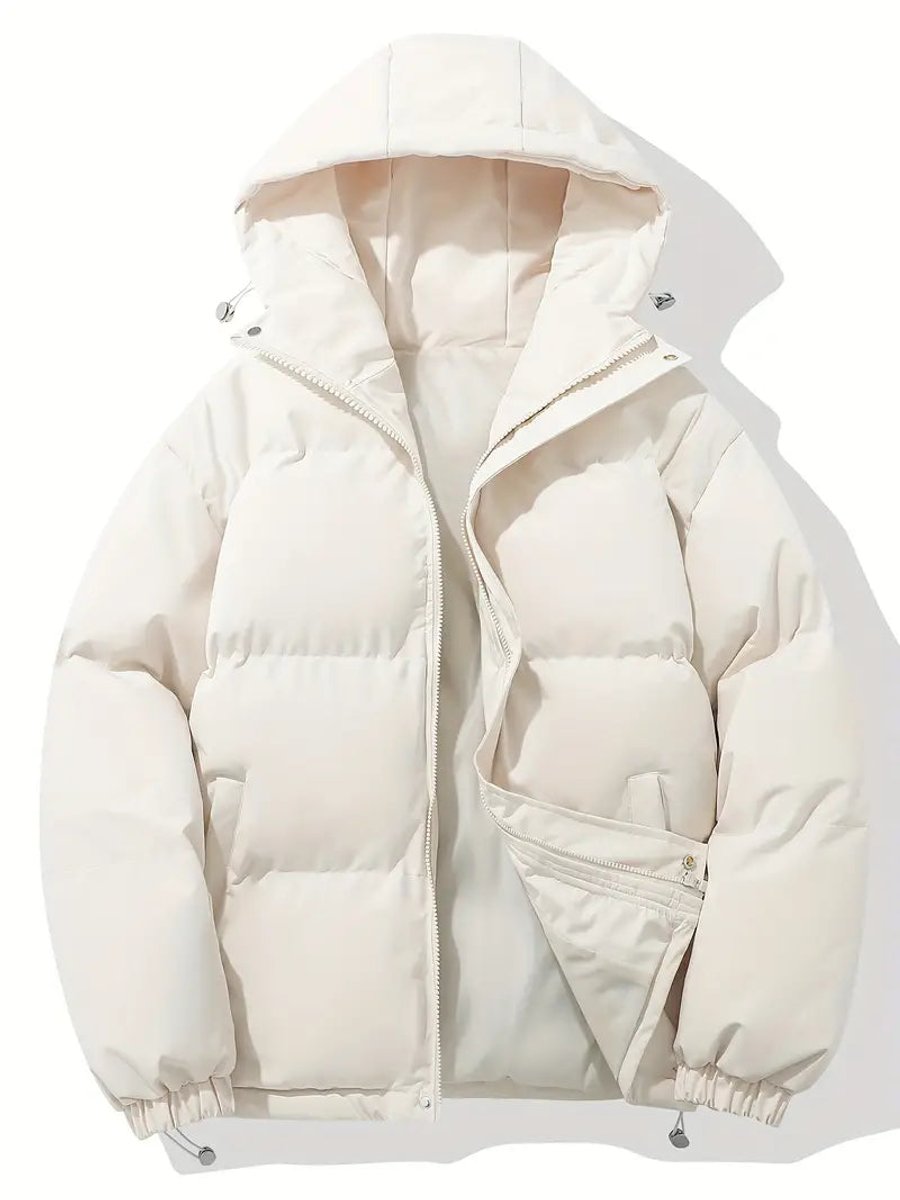 Cremeweiße Steppjacke mit Kapuze, Reißverschluss halb offen, Kordelstopper an Kapuze und Saum 4