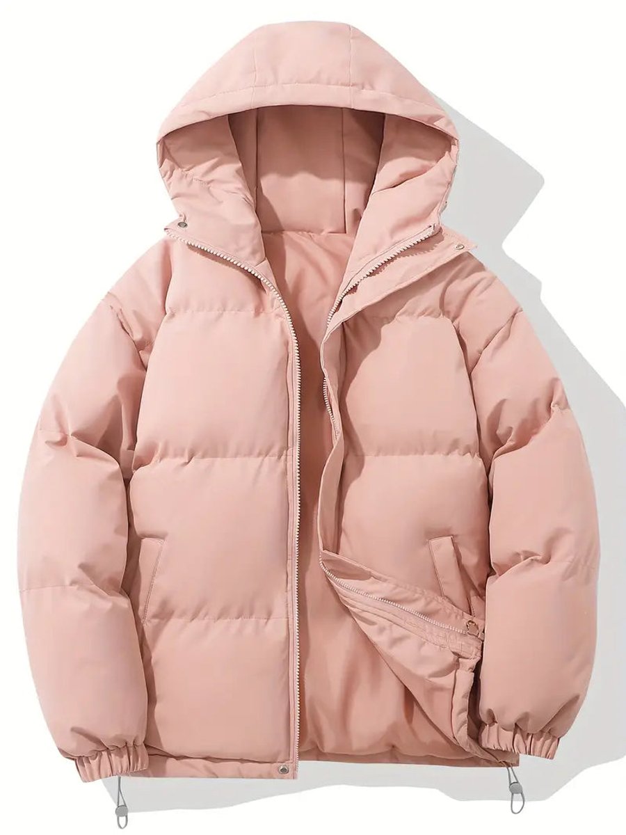 Rosafarbene Steppjacke mit Kapuze, Seitentaschen und elastischen Bündchen, Reißverschluss halb geöffnet 5