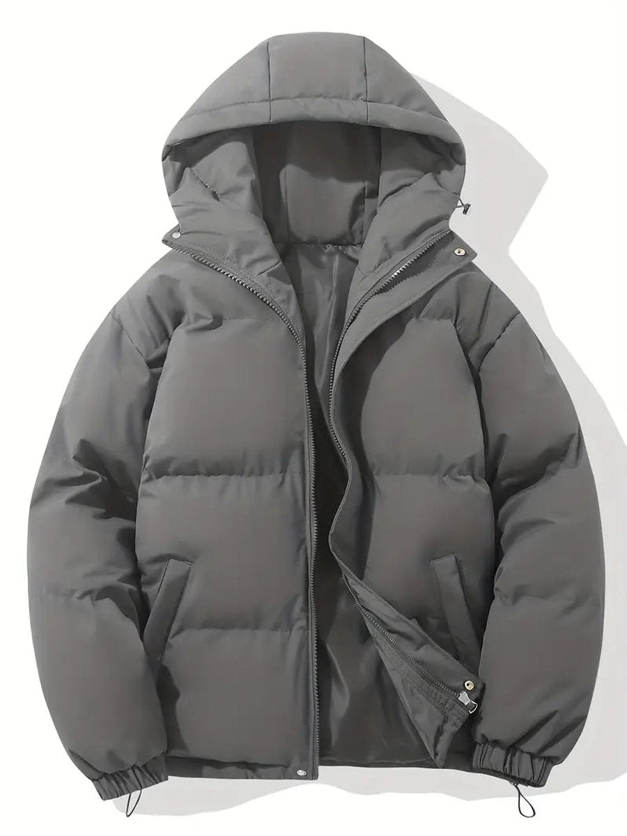 Graue Steppjacke mit Kapuze, Stehkragen und Druckknöpfen, Reißverschluss teilweise geöffnet, flach fotografiert 8