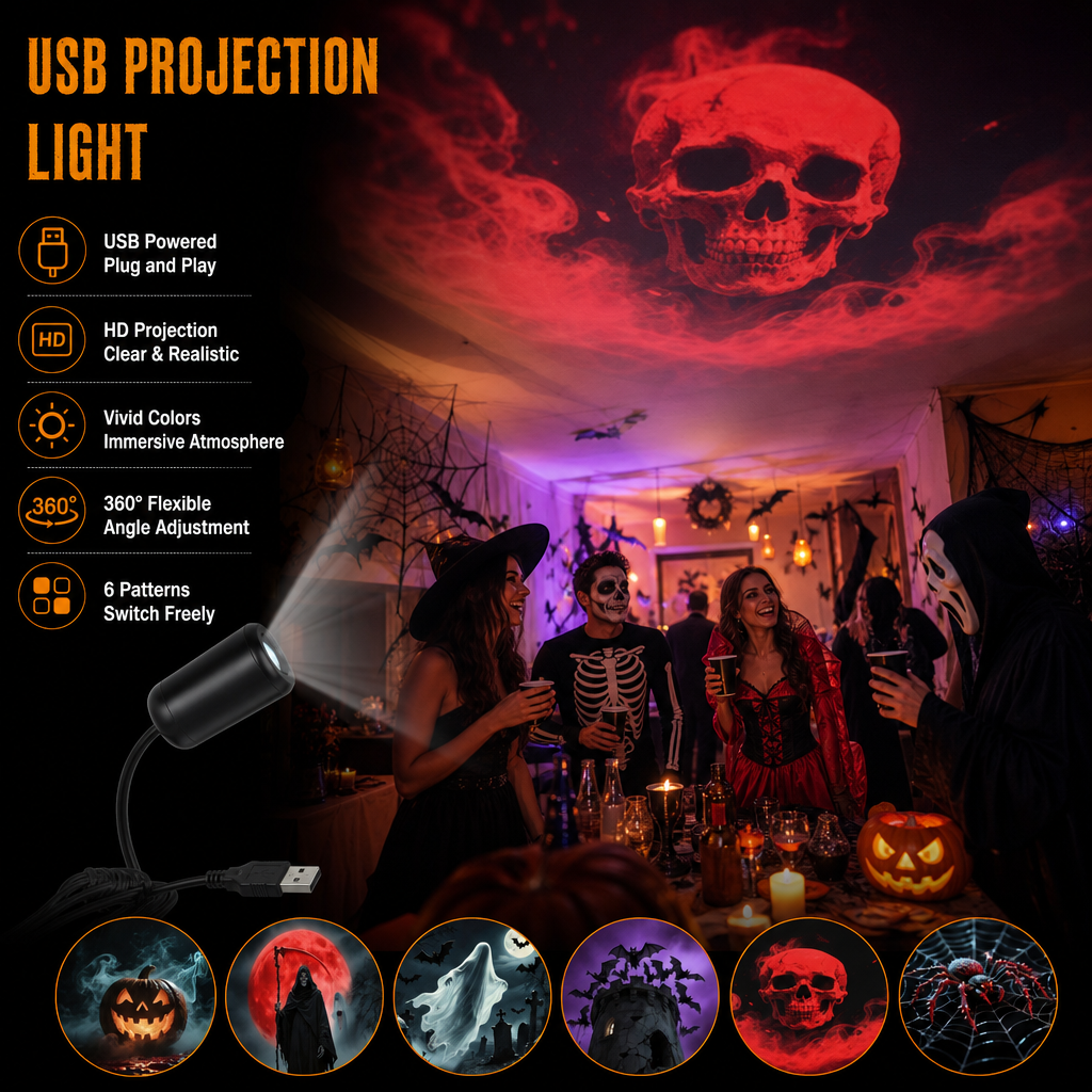 Schwarzer Projektor mit flexiblem Schwanenhals und USB-Kabel wirft einen roten Totenkopf an die Decke einer Halloween-Party, darunter die sechs Motive. 1