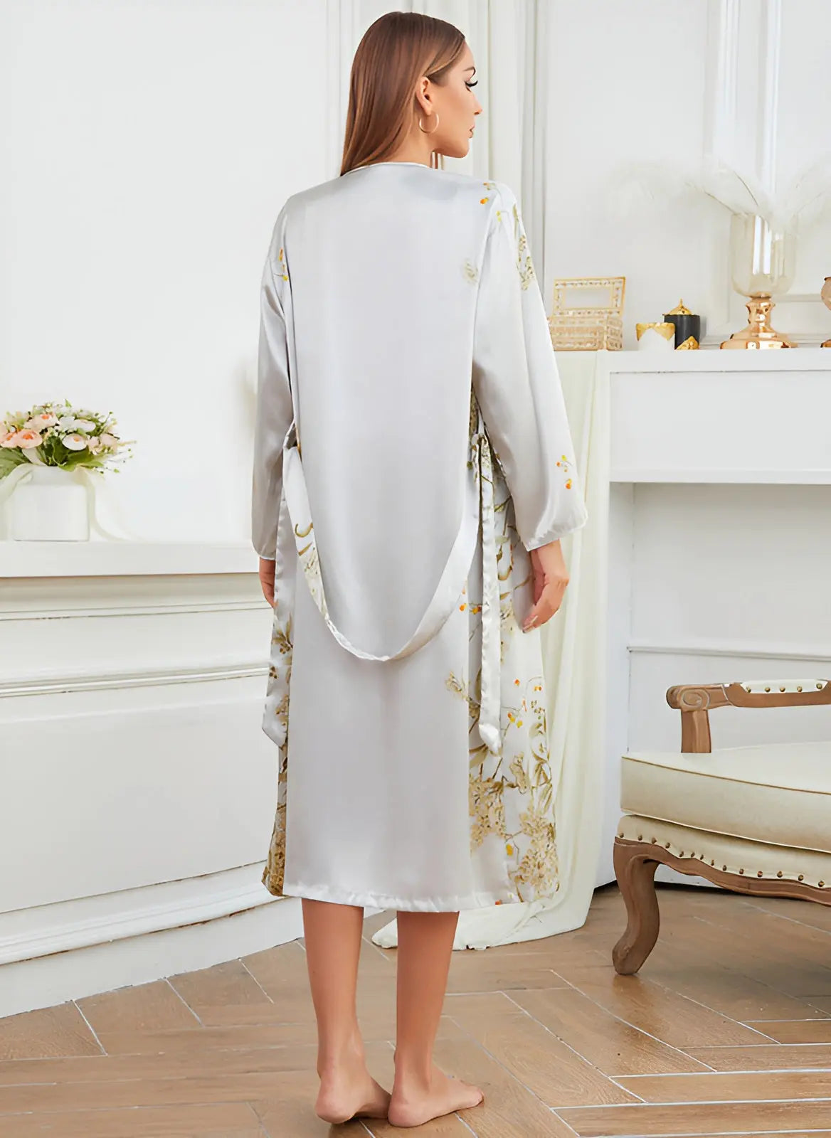 Zweiteiliges Satinkleid-Kimono Set für Damen – Livia Herbstzauber Edition