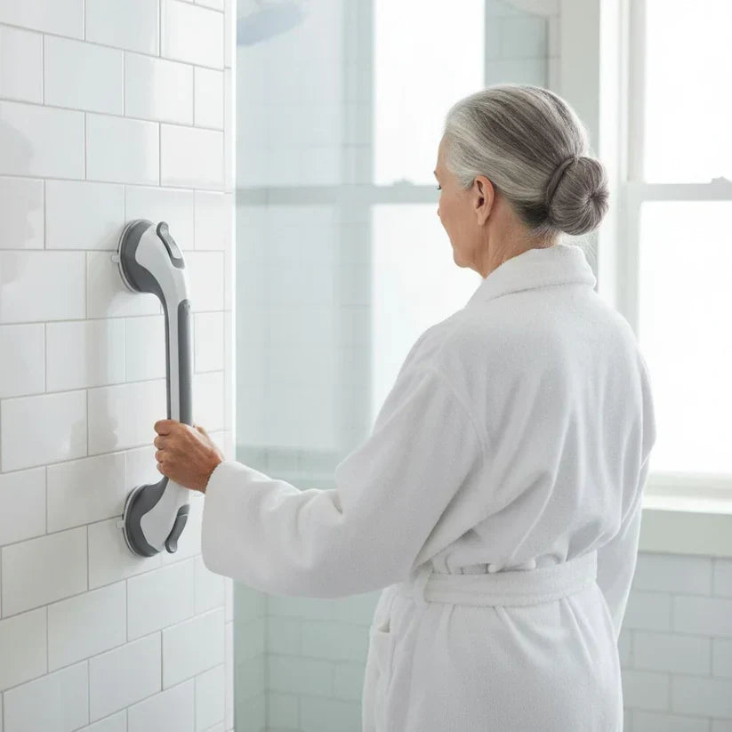 Saug-Duschhaltegriff an der Dusche mit grauem Griff